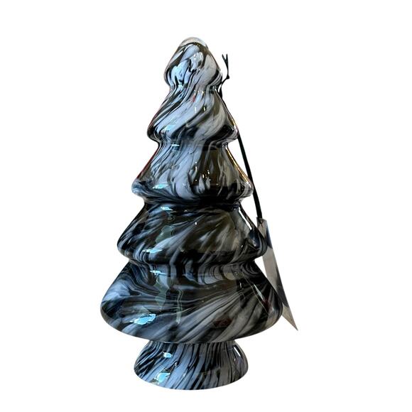 Art Glass CHRISTMAS TREE 10in Black White Marble Handmade in Poland NEW - Picture 1 of 10